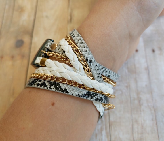 White Leather Fitbit Charge 4 Band Boho Chic Snake Skin Print Strap Gold  Chain Bracelet for Charge 3 Luxury Gift Double Wrap Bracelet Gift 