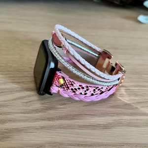 posh faux leather watch band for fitbit versa 2, vera lite watch. handcrafted with vegan leather, braided strands and stone imitation. birthday gift for wife, sister, mom, grandmother