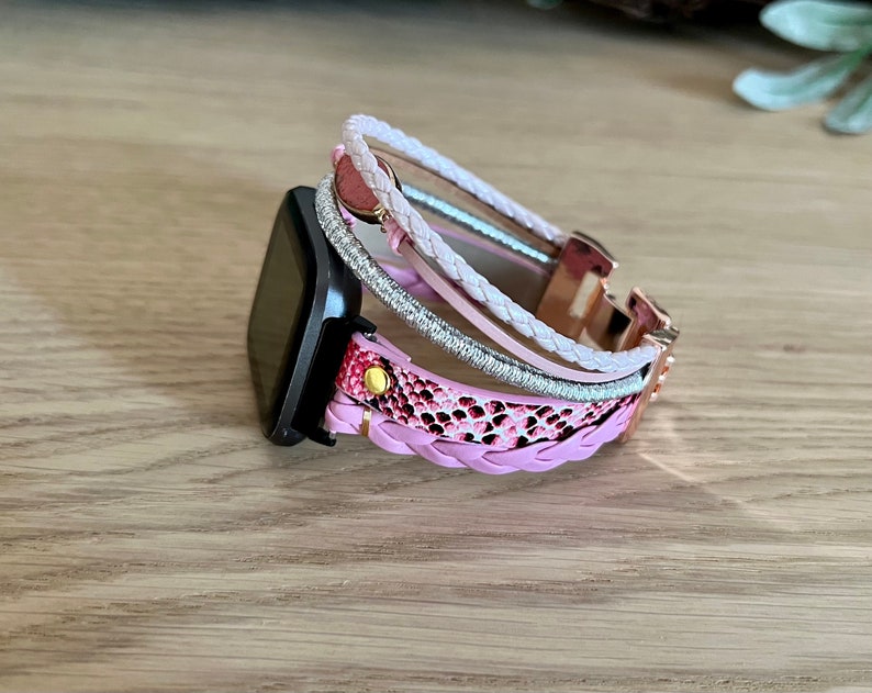 posh faux leather watch band for fitbit versa 2, vera lite watch. handcrafted with vegan leather, braided strands and stone imitation. birthday gift for wife, sister, mom, grandmother