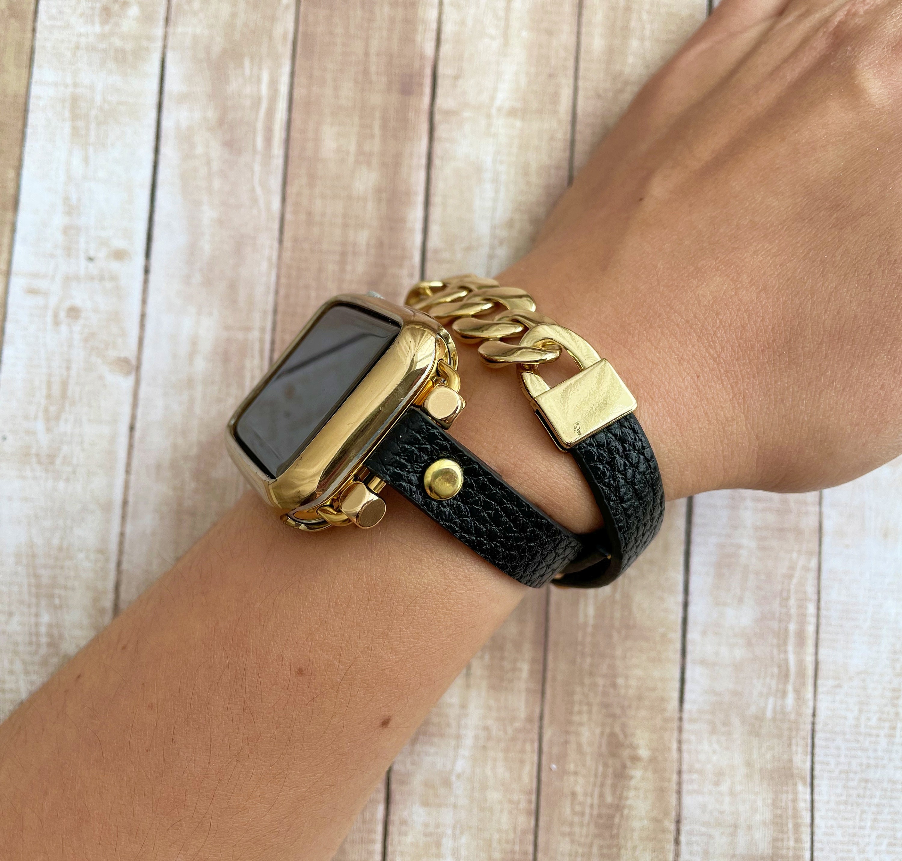 Mixed Leather Gold Chain Apple Watch Bracelet 38 40 41 42 44