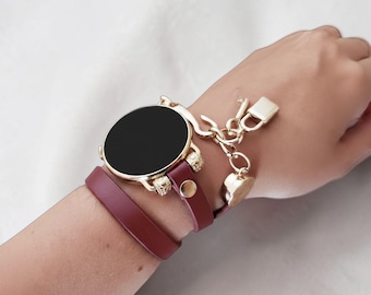 Luxury Burgundy Leather Samsung Galaxy Watch Band, Double Wrap Bracelet Strap, Gold Leather Watch Band for Women, 20mm Galaxy Watch 1–7