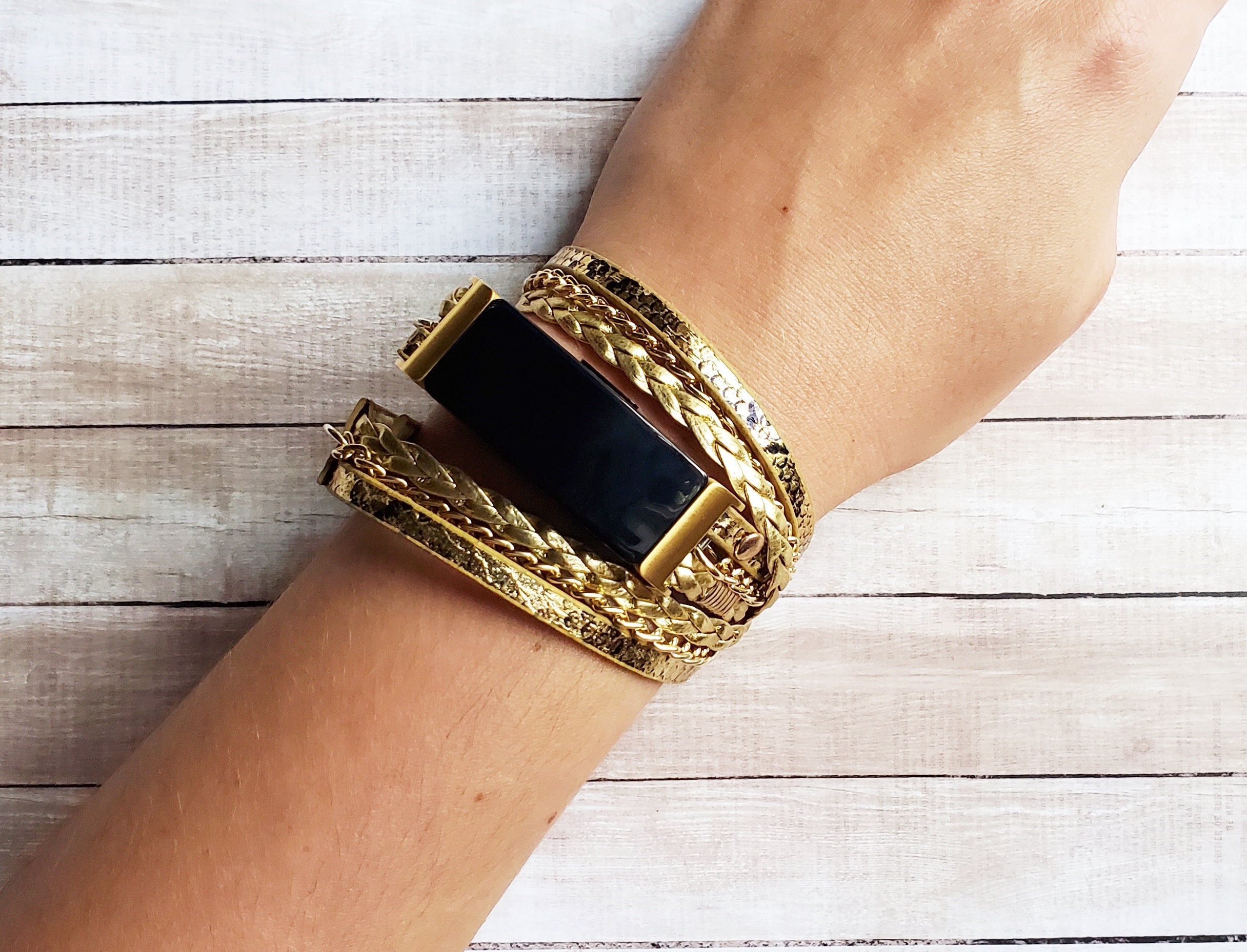 Gold Boho Fitbit LUXE Band Unisex Luxury Vegan Leather Animal