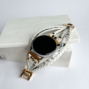 Posh Chic Samsung Active Watch Band, White Snake Skin Samsung Galaxy 6 5 4 3 2 Wristband, Wrap Braided Samsung Active Bracelet, 20 mm