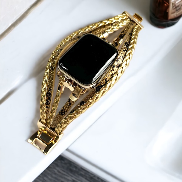 Gold Apple Watch Bracelet for 49 45 44 42 41 40 38mm 9-1 SE Ultra/2, Fashion Wristband, Designer Watch band, Unisex Luxury Gift