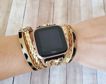 Bracelet Fitbit en cuir végétalien léopard : Bracelet chaîne à plusieurs tours