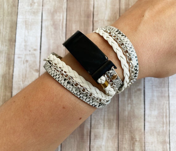Women Fitbit Inspire 2 Band Silver Chain Leather Fitbit Inspire 2 Bracelet  Boho Chic Snake Print Vegan Leather Strap Fitbit Inspire 2 Band 