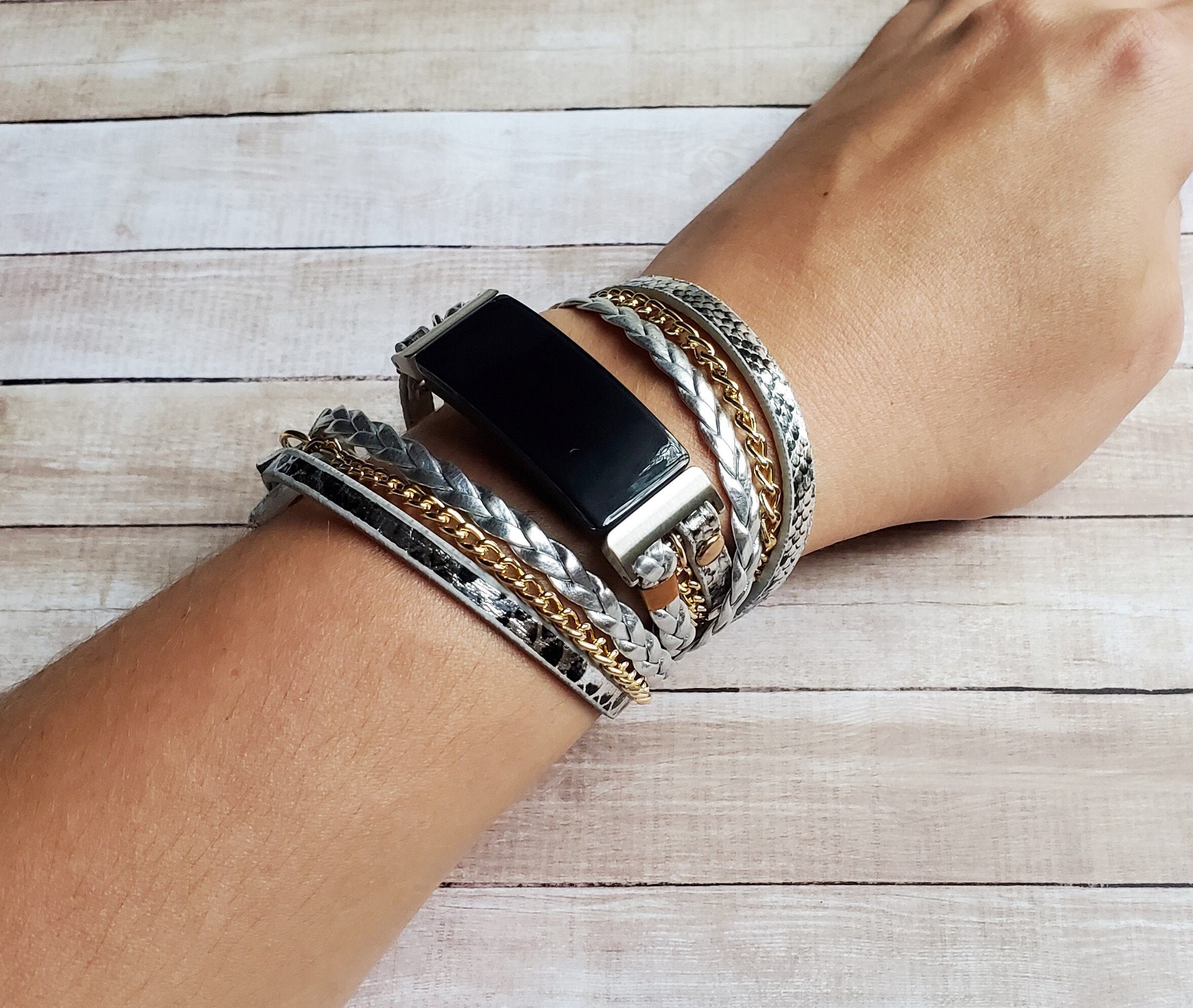Boho Chic Watch Band with Gold Chain for Fitbit Inspire 3