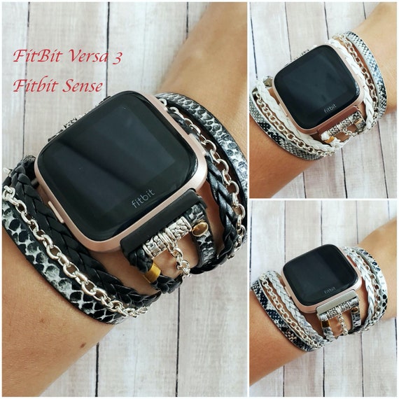 Fitbit Versa 3 Fitbit Sense Band Boho Chic Estampado de serpiente Correa de  cuero vegano para Versa 3 Cadena de plata de moda Pulsera Fitbit Sense -   México