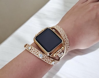 Correa de reloj tipo brazalete para Apple Watch 1-10, correa de cuero con cristales, elegante correa unisex para iWatch, regalo ideal para correas de reloj de doble vuelta.