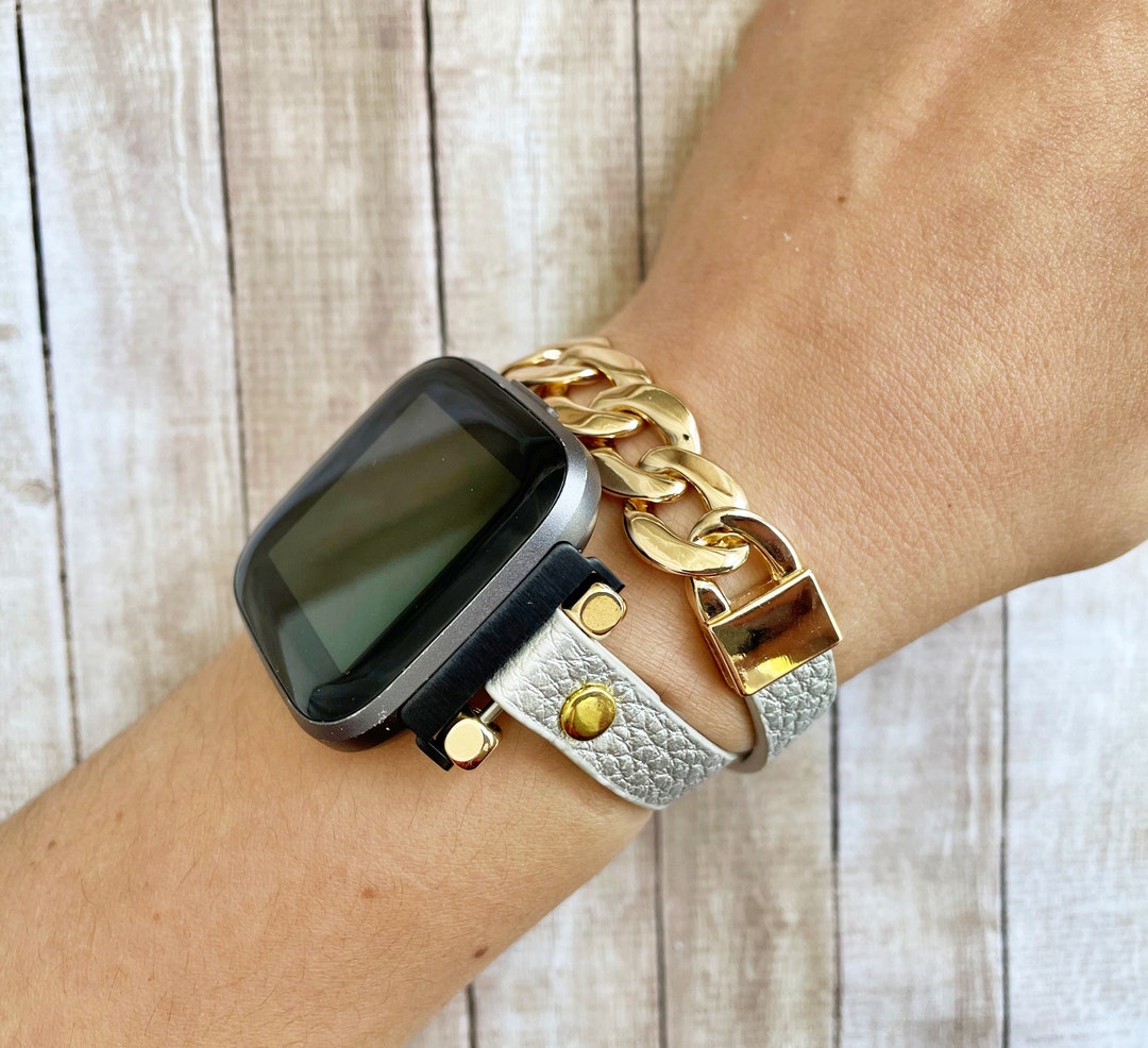 Fitbit Sense Watch Band Silver Leather Gold Chain Fitbit Etsy