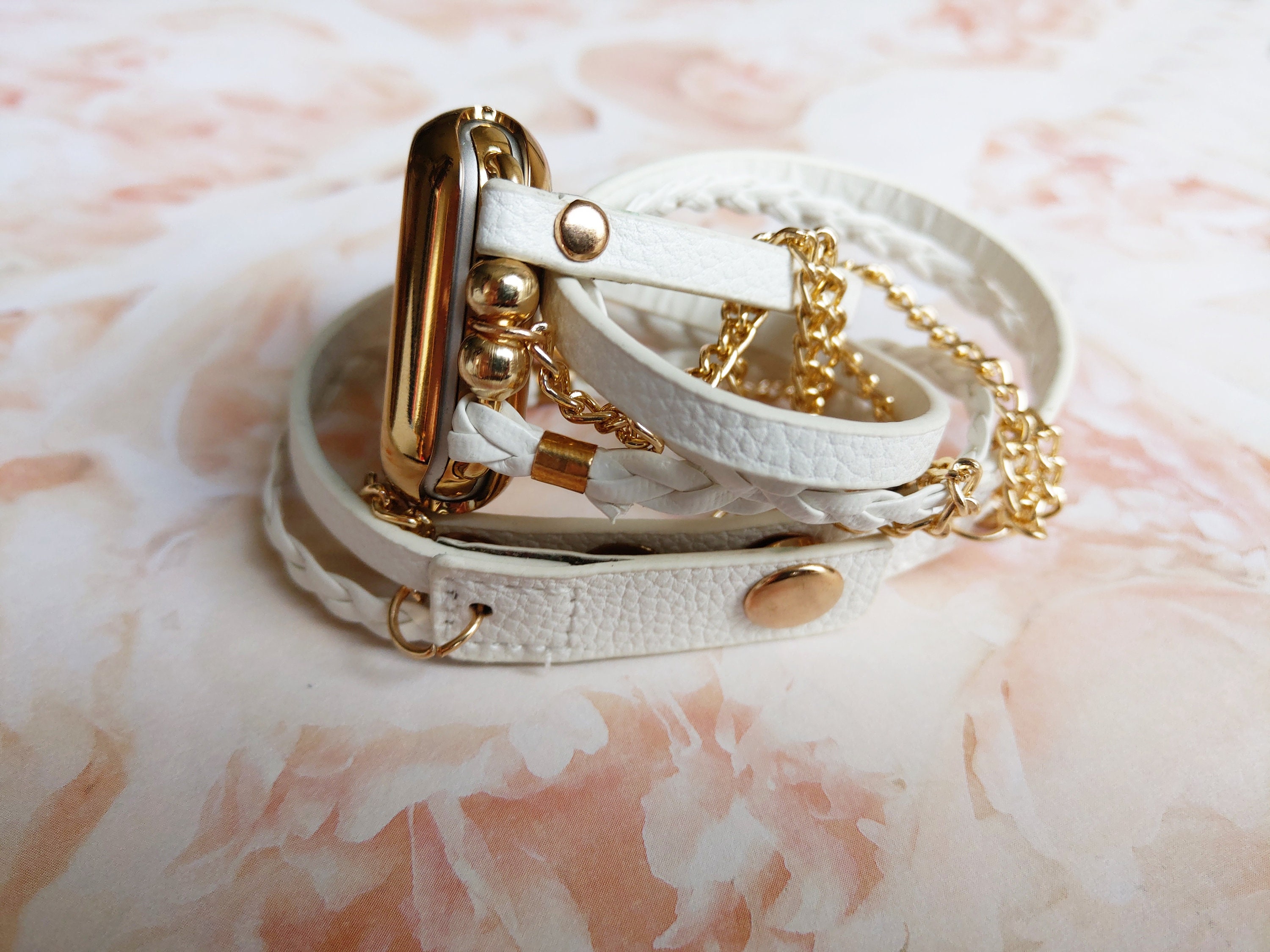 White Boho Apple Watch Band: Gold Chain Double Wrap Iwatch 