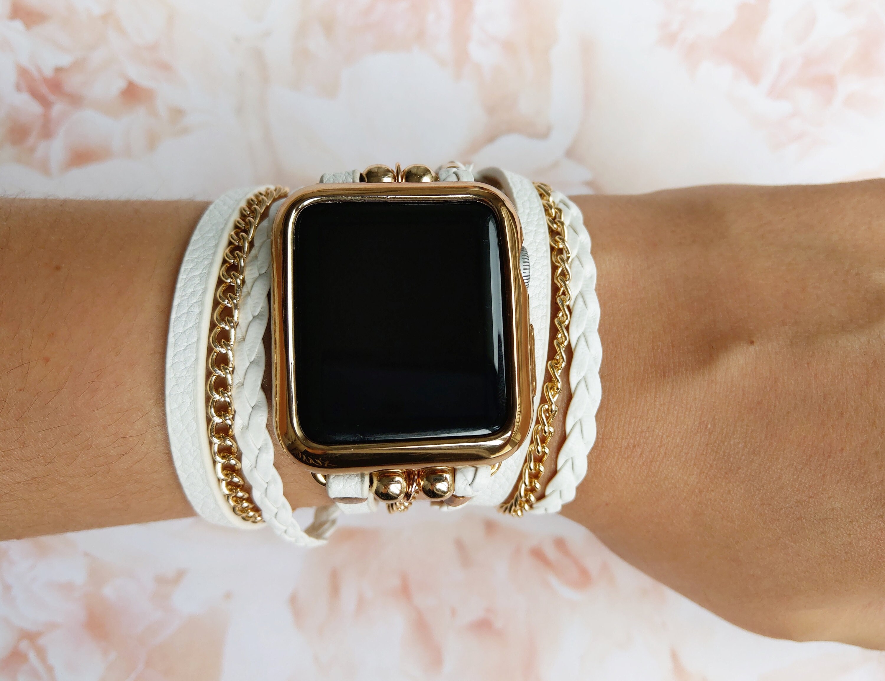 White Boho Apple Watch Band: Gold Chain Double Wrap Iwatch  display picture 3