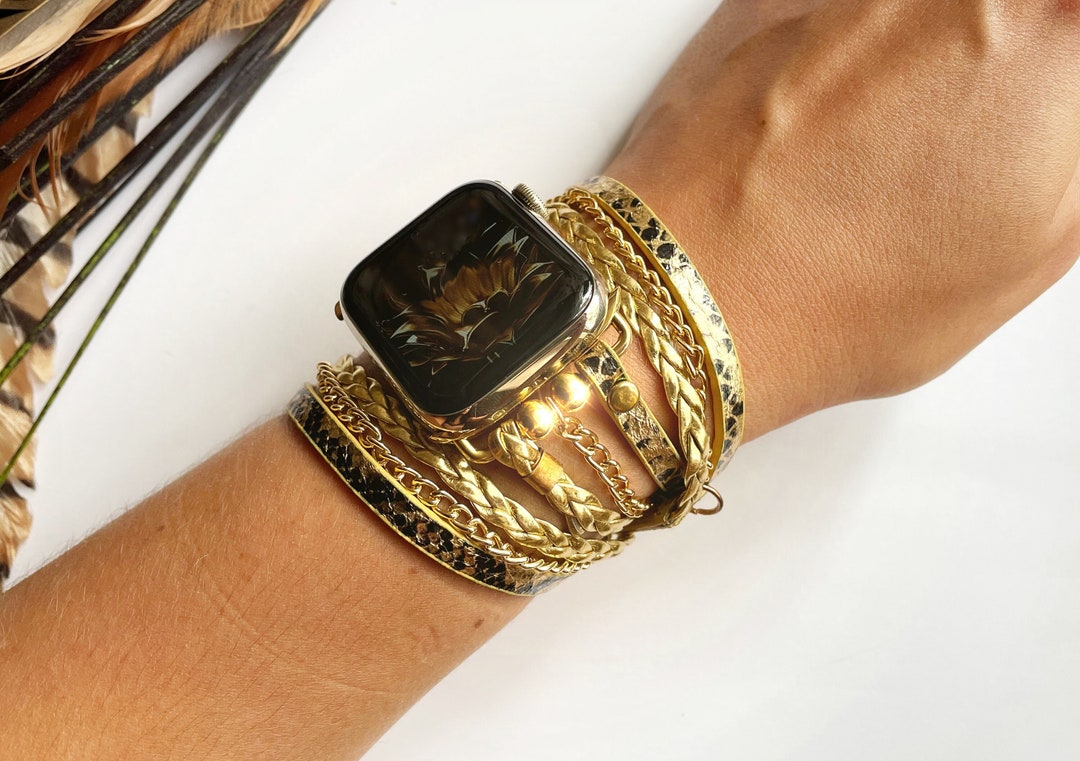 Women Boho Chic Apple Watch Band 38 40 42 44 45 Black Leather Chain Bracelet  8-1