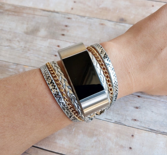 Silver Leather Gold Chain Bracelet Band for Fitbit Charge 5