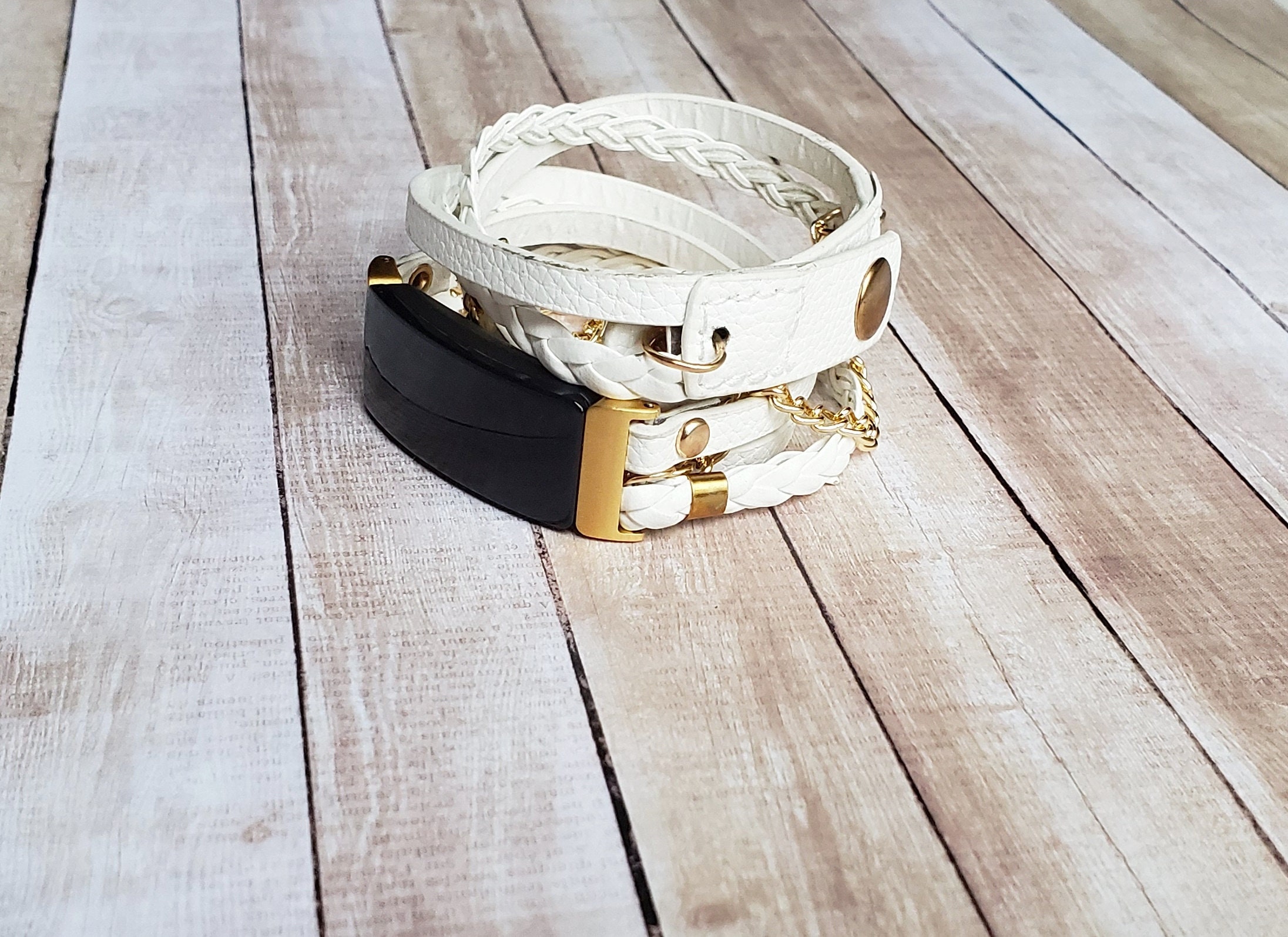 Black Vegan Leather Bracelet Gold Bangle with Lock Charm for Fitbit Lu