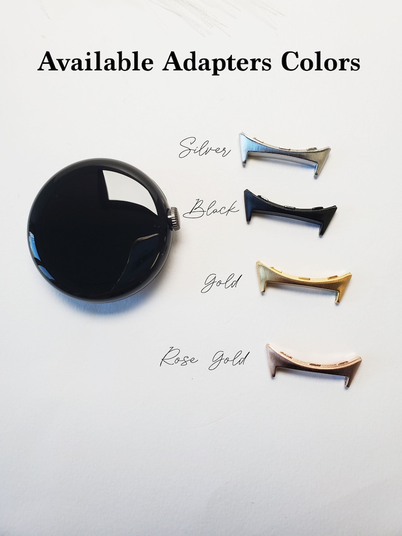 May include: Four watch band adapters in different colors: silver, black, gold, and rose gold. The adapters are metal and have a curved shape.