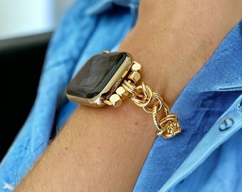 Pulsera unisex de cadena trenzada chapada en oro de 14 quilates para Apple Watch de 38, 40, 41, 42, 44, 45, 46 y 49 mm, hecha a mano, para iWatch 10, 9, 8, 7 y 6