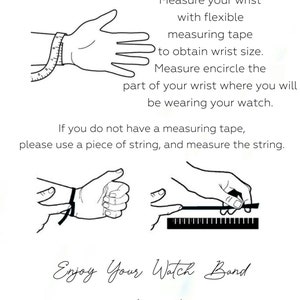 Peut inclure: Illustration montrant comment mesurer votre poignet pour un bracelet de montre. L'image montre une main avec un ruban &agrave; mesurer autour du poignet et une main tenant une r&egrave;gle. Le texte indique : "Comment mesurer votre poignet. Mesurez votre poignet avec un ruban &agrave; mesurer flexible pour obtenir la taille du poignet. Mesurez en encerclant la partie de votre poignet o&ugrave; vous porterez votre montre. Si vous n'avez pas de ruban &agrave; mesurer, utilisez un morceau de ficelle et mesurez la ficelle. Profitez de votre bracelet de montre"