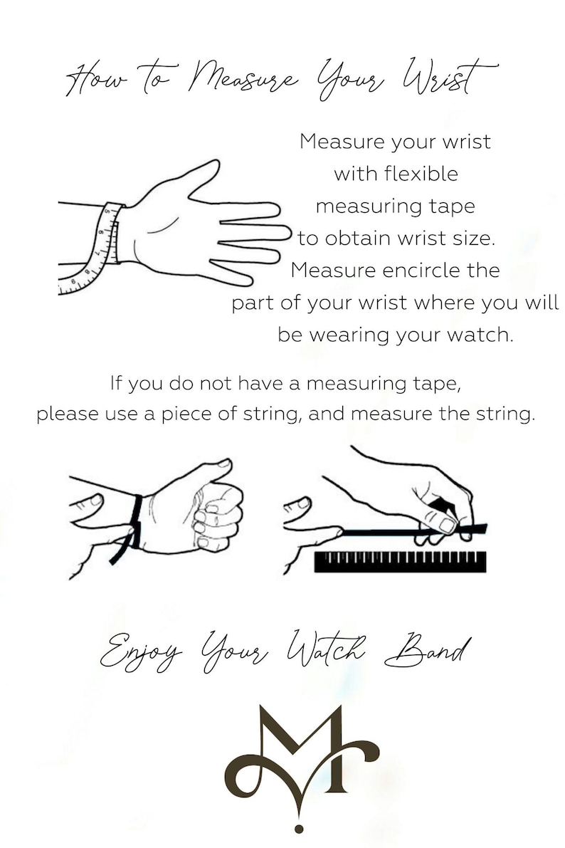 Peut inclure: Illustration montrant comment mesurer votre poignet pour un bracelet de montre. L'image montre une main avec un ruban &agrave; mesurer autour du poignet et une main tenant une r&egrave;gle. Le texte indique : "Comment mesurer votre poignet. Mesurez votre poignet avec un ruban &agrave; mesurer flexible pour obtenir la taille du poignet. Mesurez en encerclant la partie de votre poignet o&ugrave; vous porterez votre montre. Si vous n'avez pas de ruban &agrave; mesurer, utilisez un morceau de ficelle et mesurez la ficelle. Profitez de votre bracelet de montre"