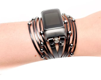 Pulsera de cuero negro con cuentas para Fitbit Charge 5/6