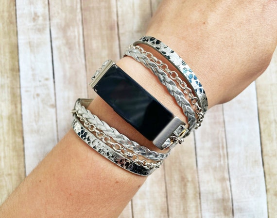 Fitbit Charge 2 Band Black Snake Skin Leather Wrap Strap Chain Bracelet for Charge  2 Fitbit Jewelry Fashion Replacement Band Best Gift 