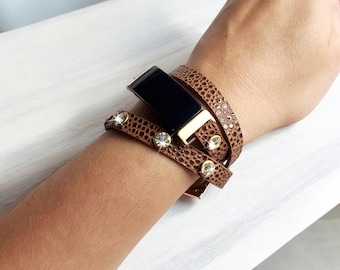 Crystal Leather Double-Wrap Watch Band for Fitbit Luxe