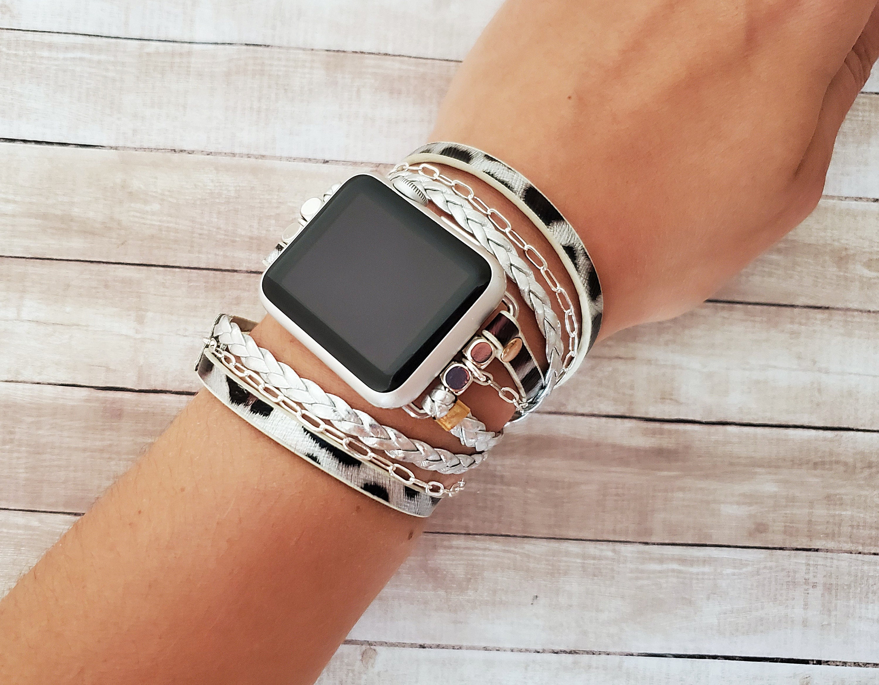 Leopard Silver Apple Watch Band 9 8 7 6 5 4 SE Ultra, Silver Boho Chic Apple  Watch Bracelet Fits Iwatch 38 40 41 42 44 45 49mm Punk Strap 