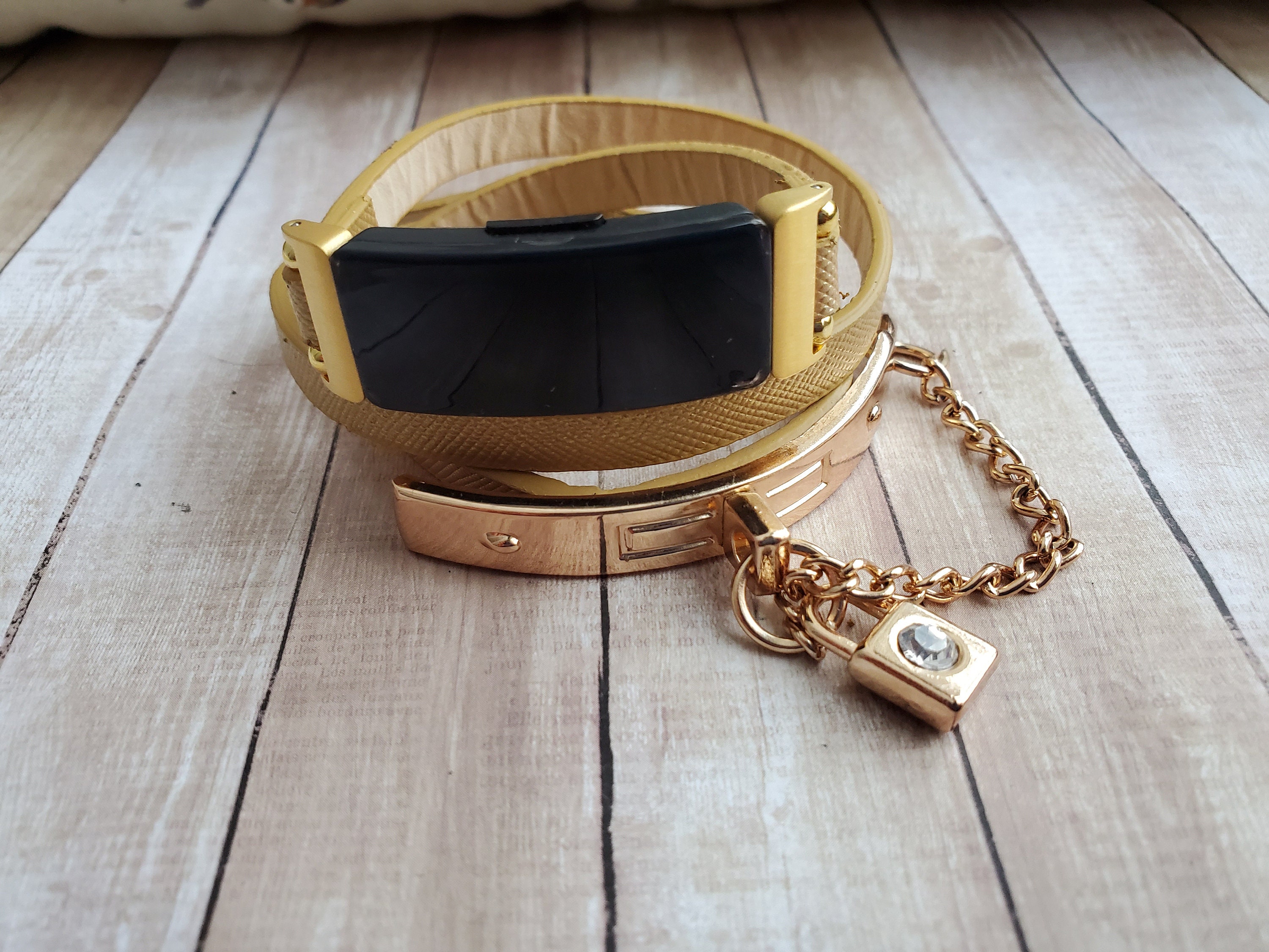 Black Vegan Leather Bracelet Gold Bangle with Lock Charm for Fitbit Lu