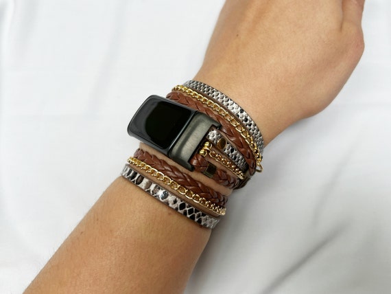 Black Snakeskin Fitbit Charge 3 Band Boho Chic Gold Chain Bracelet