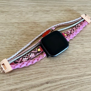 pink snake skin print faux leather layered bracelet for fitbit versa 2 versa lite watch. Christmas gift for sister gift for wife gift for mom