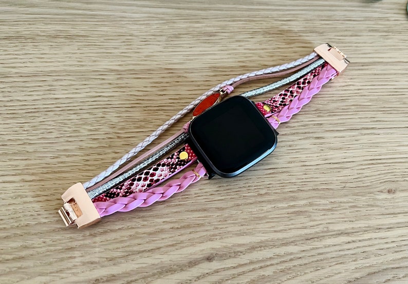 pink snake skin print faux leather layered bracelet for fitbit versa 2 versa lite watch. Christmas gift for sister gift for wife gift for mom