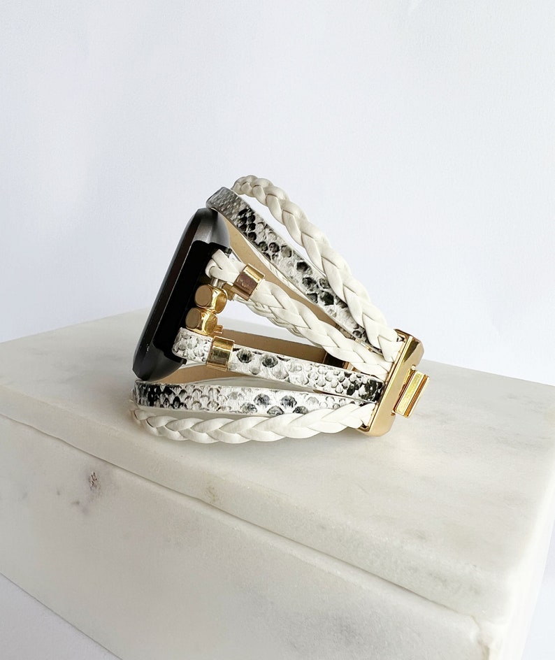 Armband för Fitbit SENSE 2 och Versa 4, snyggt ormmönster-klockarmband i flera lager White/Gold