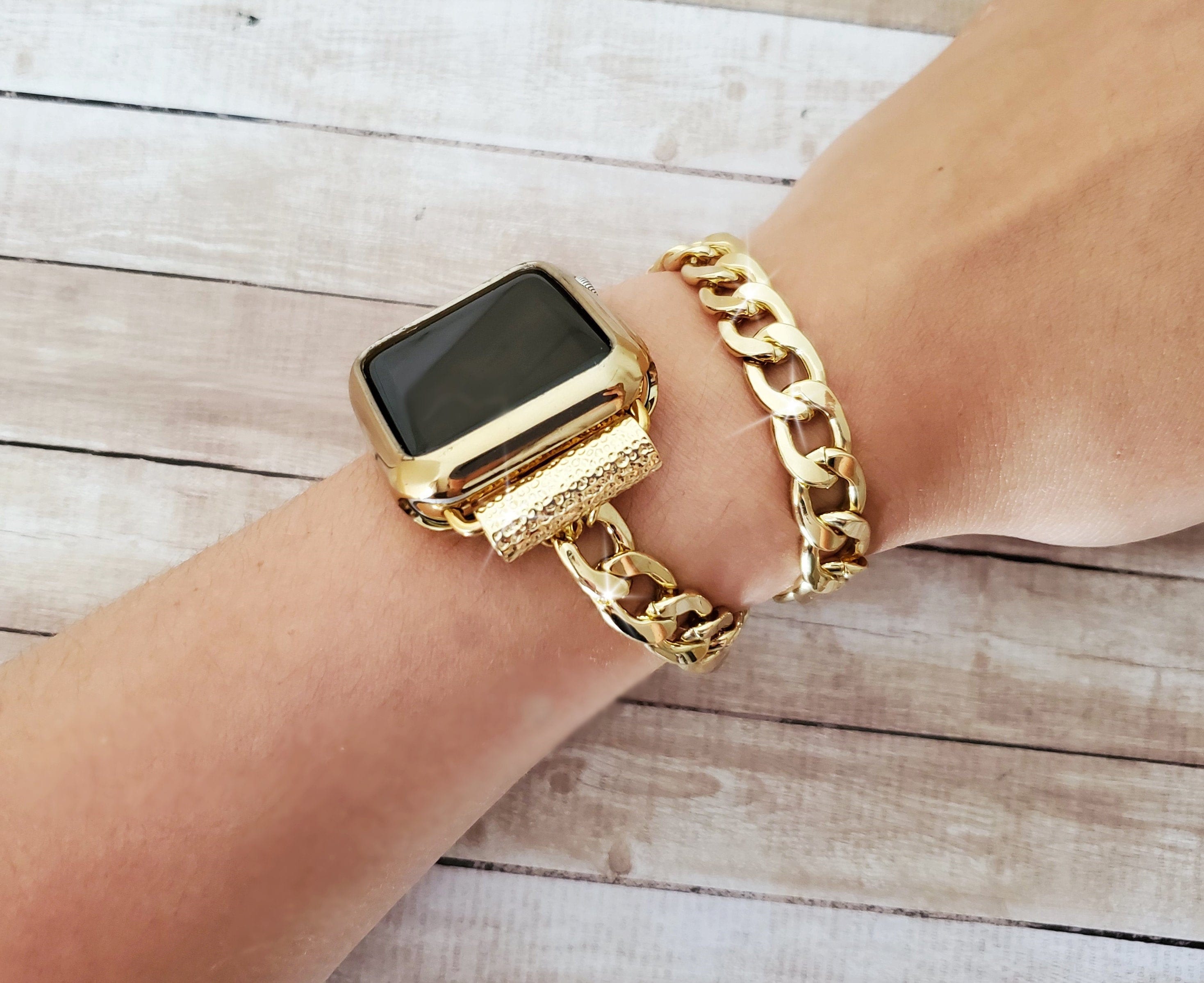 Gold Chain Link Bracelet for Apple Watch 38 40 41 42 44 45mm Gold Wrap  Chain Link Strap for Iwatch 8 7 6 5 4 SE Gift for Wife Sister Friend 