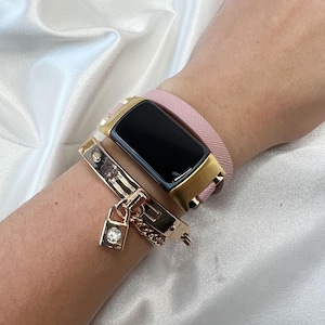 Blush Rose Vegan Leather Fitbit Charge 6 & 5 Band: Gold Bracelet Strap