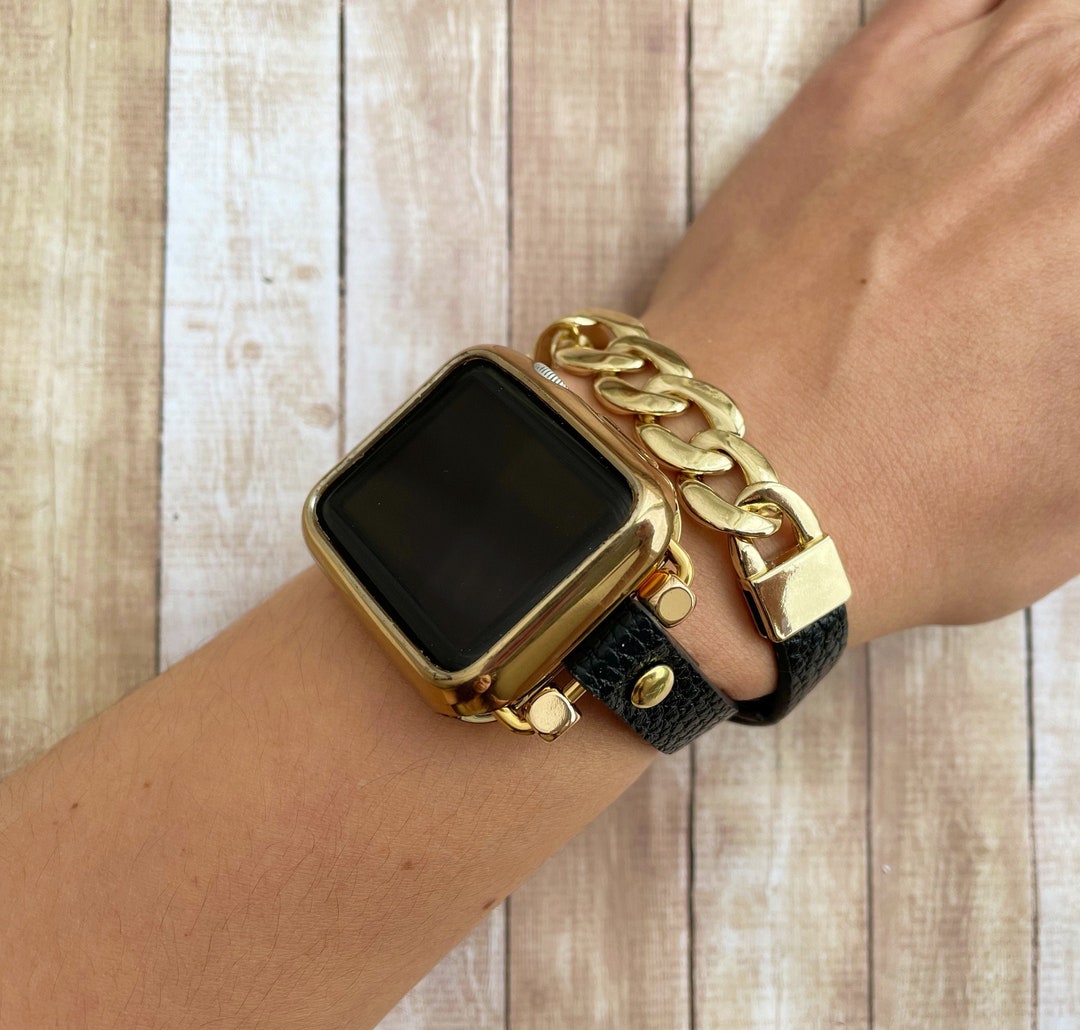 Gold Chain Link Bracelet Band for Apple Watch 38 40 41 42 44 45 Mm Handmade  Black Leather Wrap Bracelet for Iwatch 876543 SE Fashion Strap - Etsy