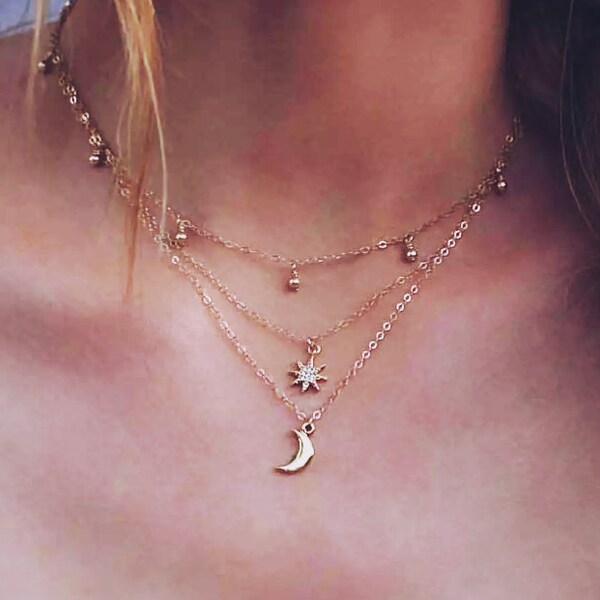 Moon and Star Charm Pendant Choker Necklace, Gold Tone Multi Layered Fashion Boho Summer Beach Party Necklace