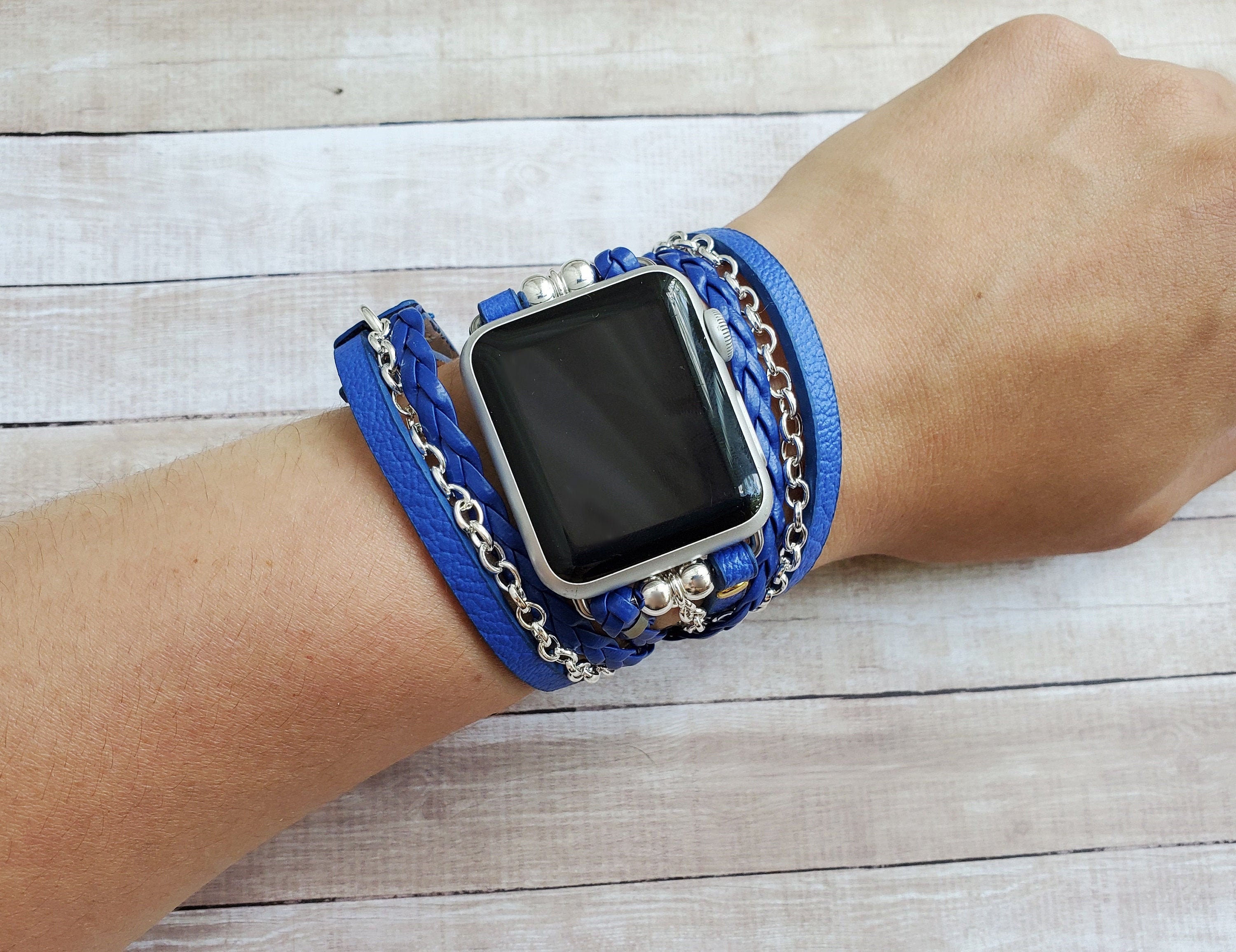 Royal Blue Apple Watch Band 8 7 SE 6 5 4 3 Boho Chic Leather Etsy UK