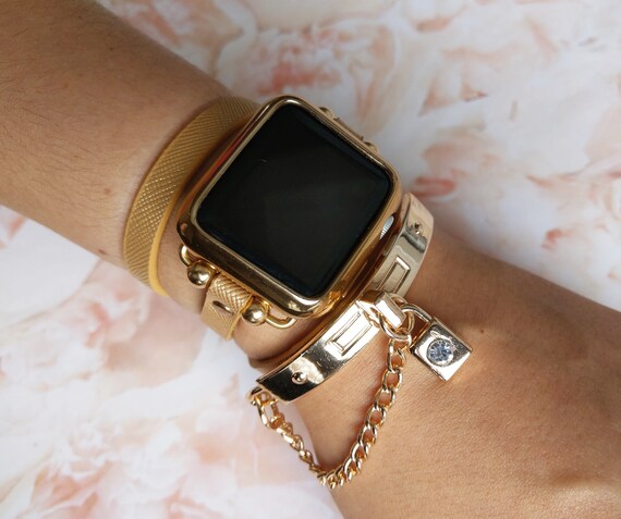 Banda de cuero de brazalete dorado para Apple Watch pulsera de 38