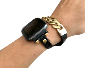 Gold Chain Leather Watch Band for Fitbit Versa 4 & Sense 2
