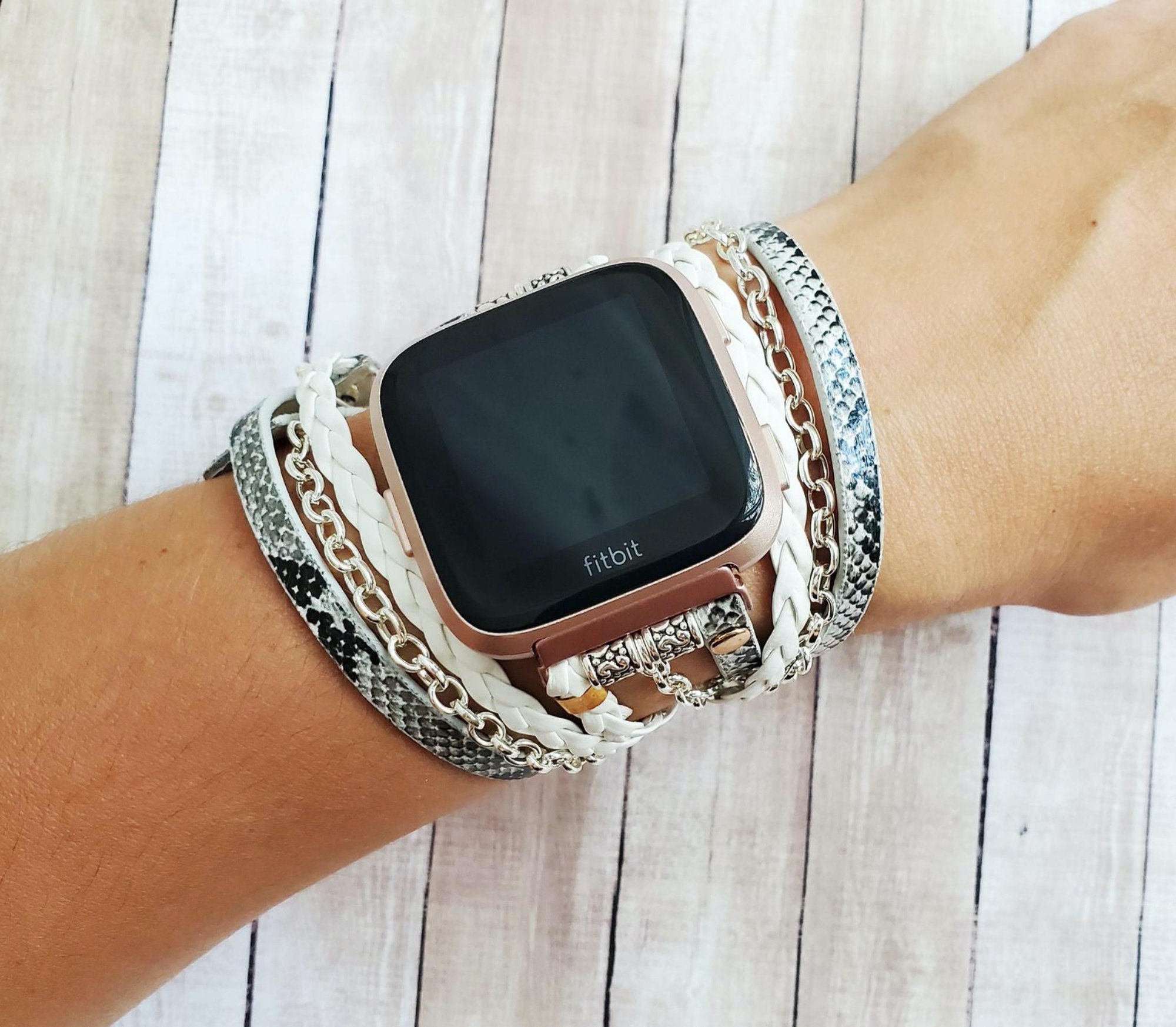 Fitbit Versa 3 Fitbit Sense Band Boho Chic Snake Print Vegan Leather Wrap Strap for Versa 3 Fashion Silver Chain Fitbit Sense Bracelet Etsy Canada