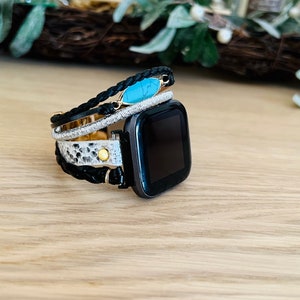 dressy boho chic fitbit versa band. layered white snake skin print black braided strap wristband for fitbit versa watch