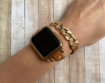 Gold Chain Apple Watch Bracelet Band for iWatch 8 7 6 5 4 SE Wrap Apple Watch Leather Strap 38 40 41 42 44 45 49mm Wrap Strap Perfect Gift