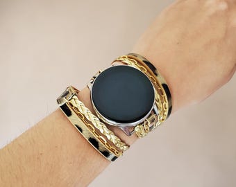 Correa envolvente para Samsung Galaxy Watch de 20 mm, correa de pulsera de cadena dorada, correa envolvente de cuero multicapa, correa de reloj estilo joyería