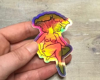 Chanterelle Mushroom Lady Vinyl Sticker, Holographic Rainbow Vinyl Sticker, Mushroom Artwork, Fungi Gift, Mushroom Art, Cottagecore