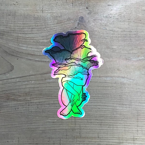 Oyster Mushroom Lady Vinyl Sticker, Holographic Rainbow Vinyl Sticker, Mushroom Artwork, Fungi Gift, Mushroom Art, Cottagecore