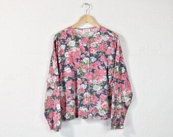 Floral Print Blouse Vintage 90s Pattern Top Classic Long Sleeve Button Down Up Shirt Loose Oversized Faded Distressed 90s Knit Blouse