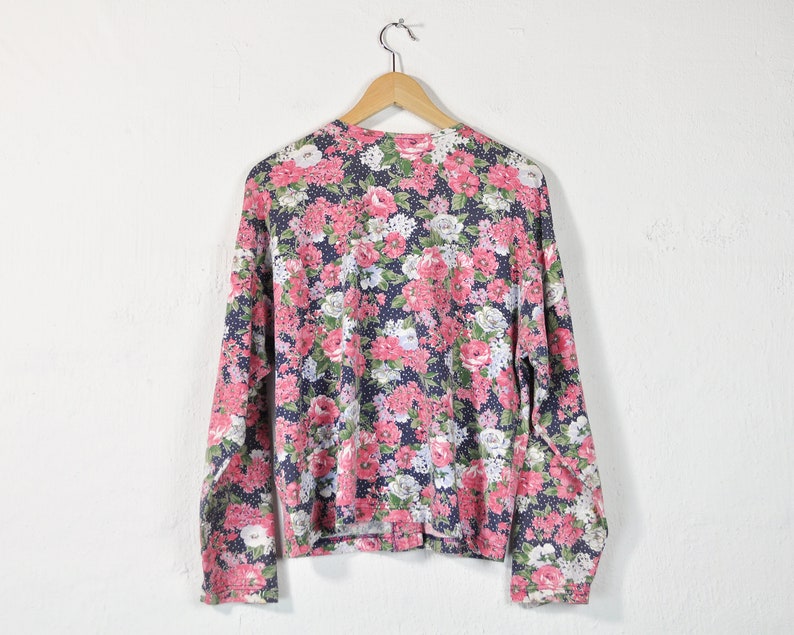 Floral Print Blouse Vintage 90s Pattern Top Classic Long Sleeve Button Down Up Shirt Loose Oversized Faded Distressed 90s Knit Blouse