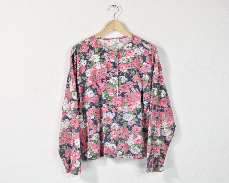Floral Print Blouse Vintage 90s Pattern Top Classic Long Sleeve Button Down Up Shirt Loose Oversized Faded Distressed 90s Knit Blouse