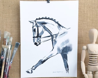 Horse Art/Original/Horse Sketch in Acrylic/9&quot;x12&quot;/Black and White Action Sketch/Shay Roberts