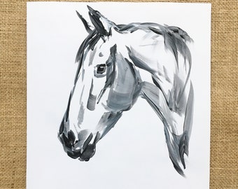 Horse Art/Original/Horse Sketch in Acrylic/9"x12"/Black and White Action Sketch/Shay Roberts